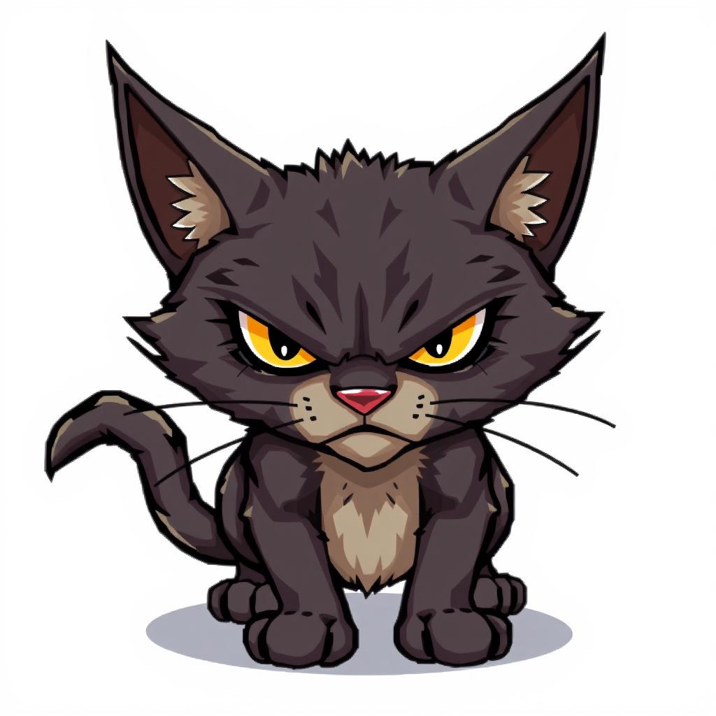 Sly and angry cat character designed for a Unity game, portrayed in detailed pixel art style, with a mischievous expression on its face, on a plain white background