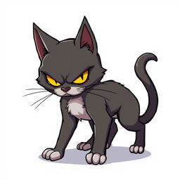 Sly and angry cat character designed for a Unity game, portrayed in detailed pixel art style, with a mischievous expression on its face, on a plain white background