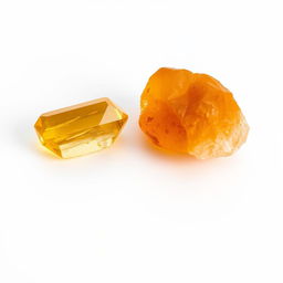 Citrine crystals in both polished and raw forms displayed elegantly on a pure white backdrop