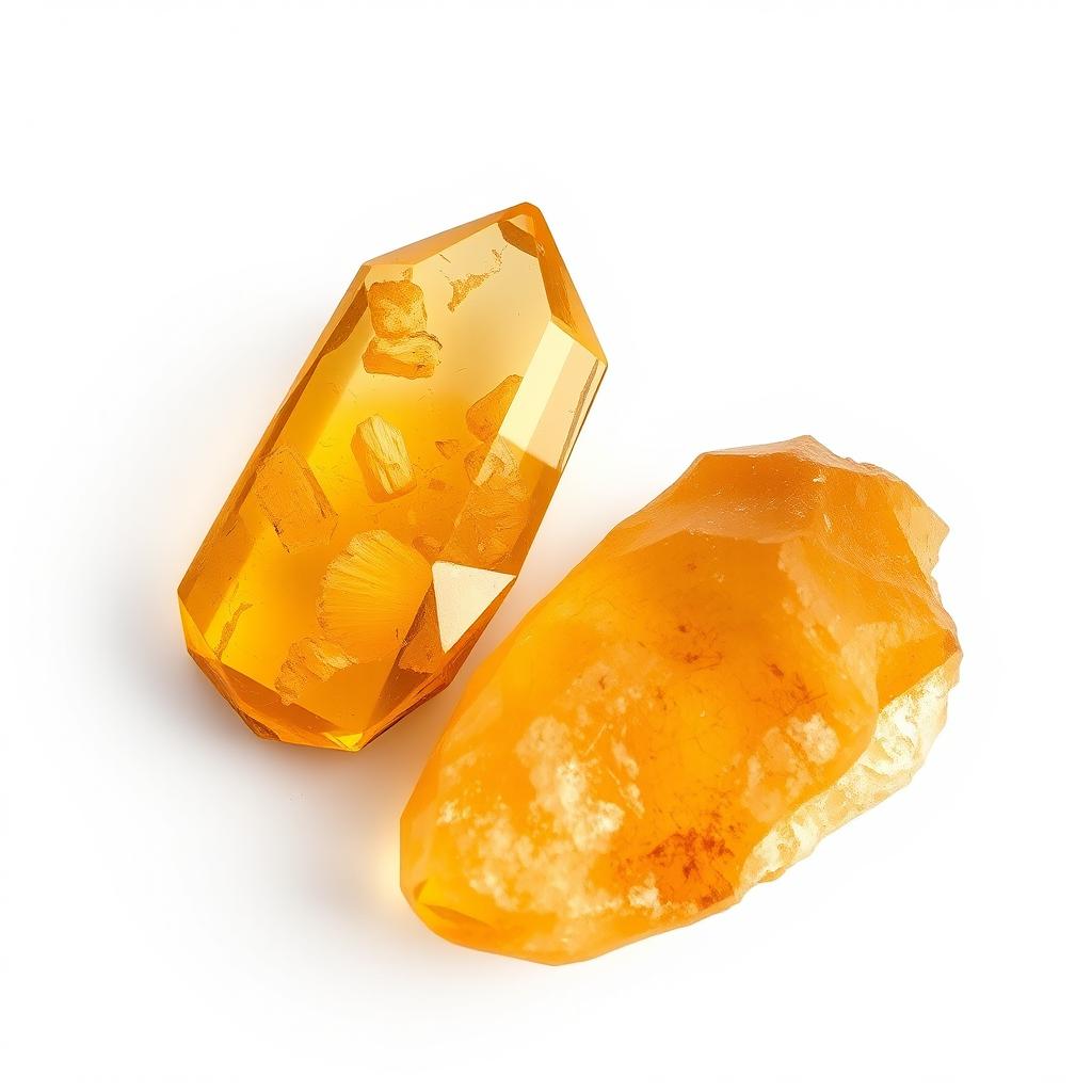 Citrine crystals in both polished and raw forms displayed elegantly on a pure white backdrop