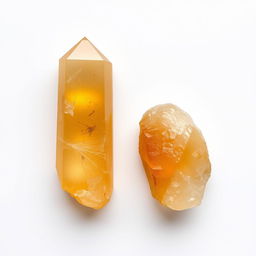 Citrine crystals in both polished and raw forms displayed elegantly on a pure white backdrop