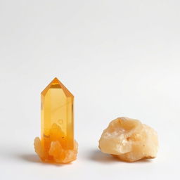 Citrine crystals in both polished and raw forms displayed elegantly on a pure white backdrop