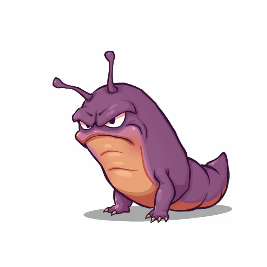 Angry slug character designed for a Unity game, illustrated in detailed pixel art style, exuding a sense of anger with its furrowed brows and a fierce expression on its slimy face, set against a plain white background