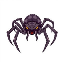 Angry spider character designed for a Unity game, illustrated in detailed pixel art style, featuring a menacing expression with prominent fangs and multiple glaring eyes, set against a plain white background