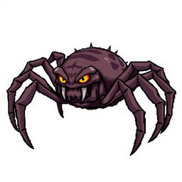 Angry spider character designed for a Unity game, illustrated in detailed pixel art style, featuring a menacing expression with prominent fangs and multiple glaring eyes, set against a plain white background