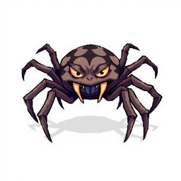 Angry spider character designed for a Unity game, illustrated in detailed pixel art style, featuring a menacing expression with prominent fangs and multiple glaring eyes, set against a plain white background