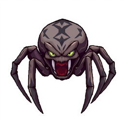 Angry spider character designed for a Unity game, illustrated in detailed pixel art style, featuring a menacing expression with prominent fangs and multiple glaring eyes, set against a plain white background