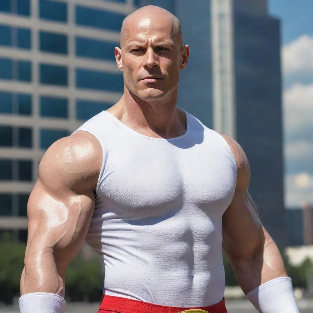 Create the image of a muscular, strikingly attractive bald superhero. His white skin complements his powerful physique and confident stance, with sweat glistening over his body under a hot sun.