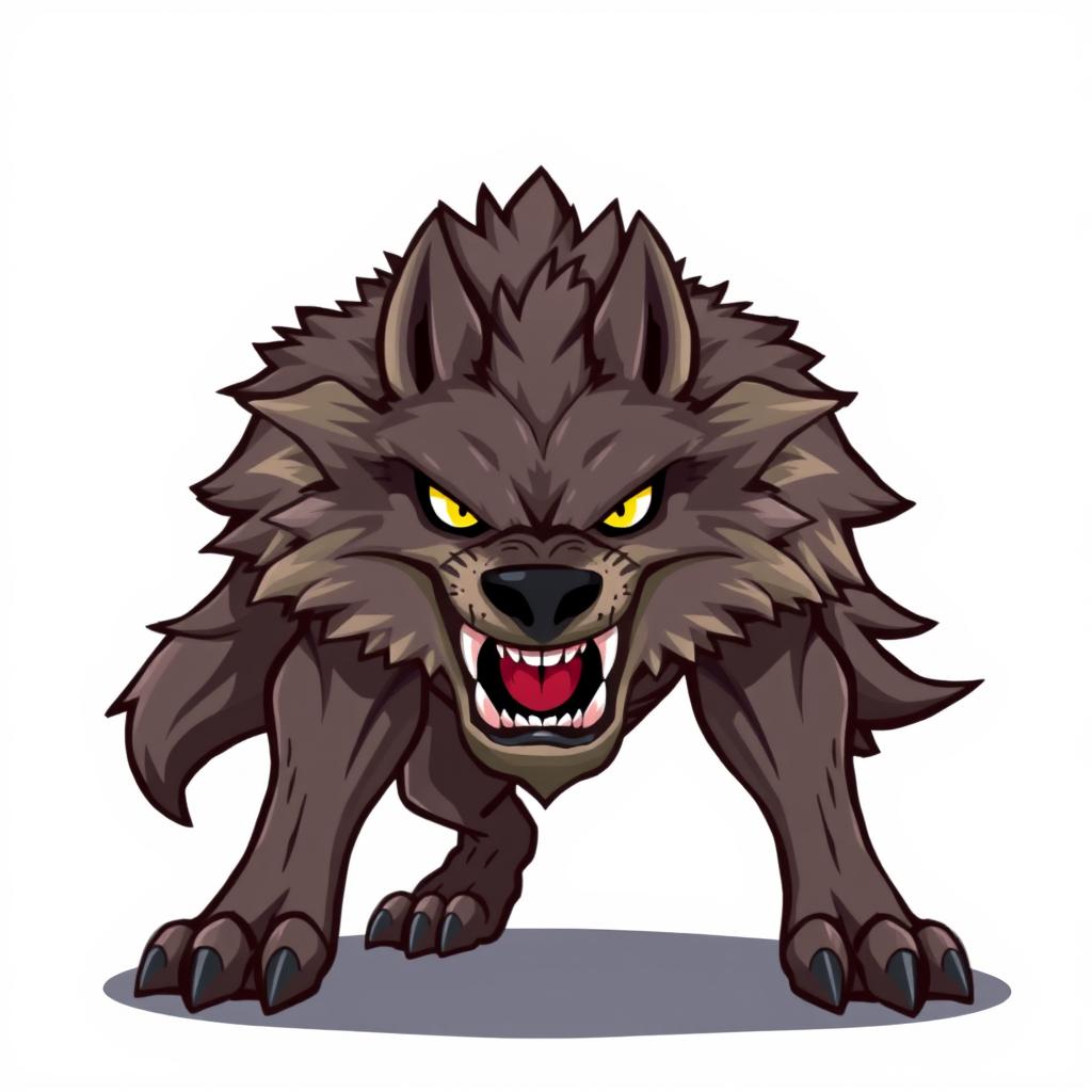 Angry wolf character designed for a Unity game, illustrated in detailed pixel art style, with a fierce and intimidating expression, set against a plain white background