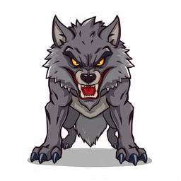 Angry wolf character designed for a Unity game, illustrated in detailed pixel art style, with a fierce and intimidating expression, set against a plain white background