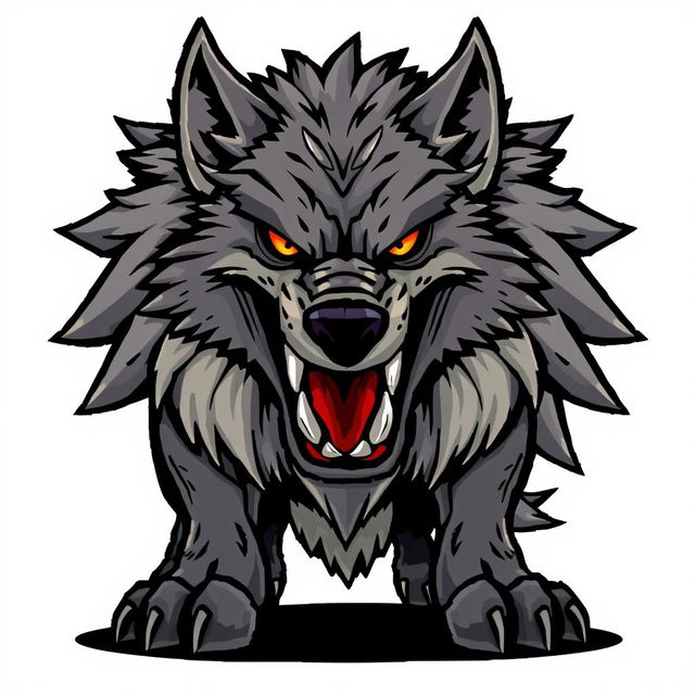 Angry wolf character designed for a Unity game, illustrated in detailed pixel art style, with a fierce and intimidating expression, set against a plain white background