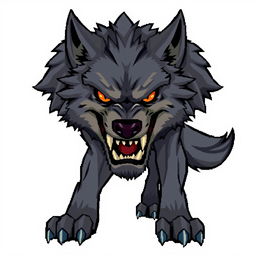 Angry wolf character designed for a Unity game, illustrated in detailed pixel art style, with a fierce and intimidating expression, set against a plain white background