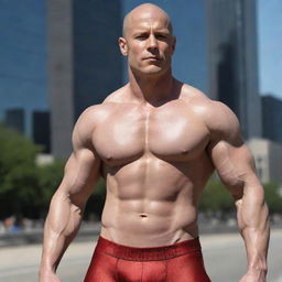 Create the image of a muscular, strikingly attractive bald superhero. His white skin complements his powerful physique and confident stance, with sweat glistening over his body under a hot sun.