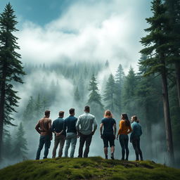 A novel book cover design depicting a high-altitude mountain landscape dominated by towering trees, their lush green canopy rising majestically against the sky