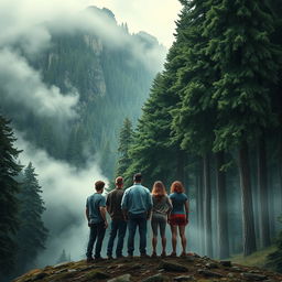 A novel book cover design depicting a high-altitude mountain landscape dominated by towering trees, their lush green canopy rising majestically against the sky