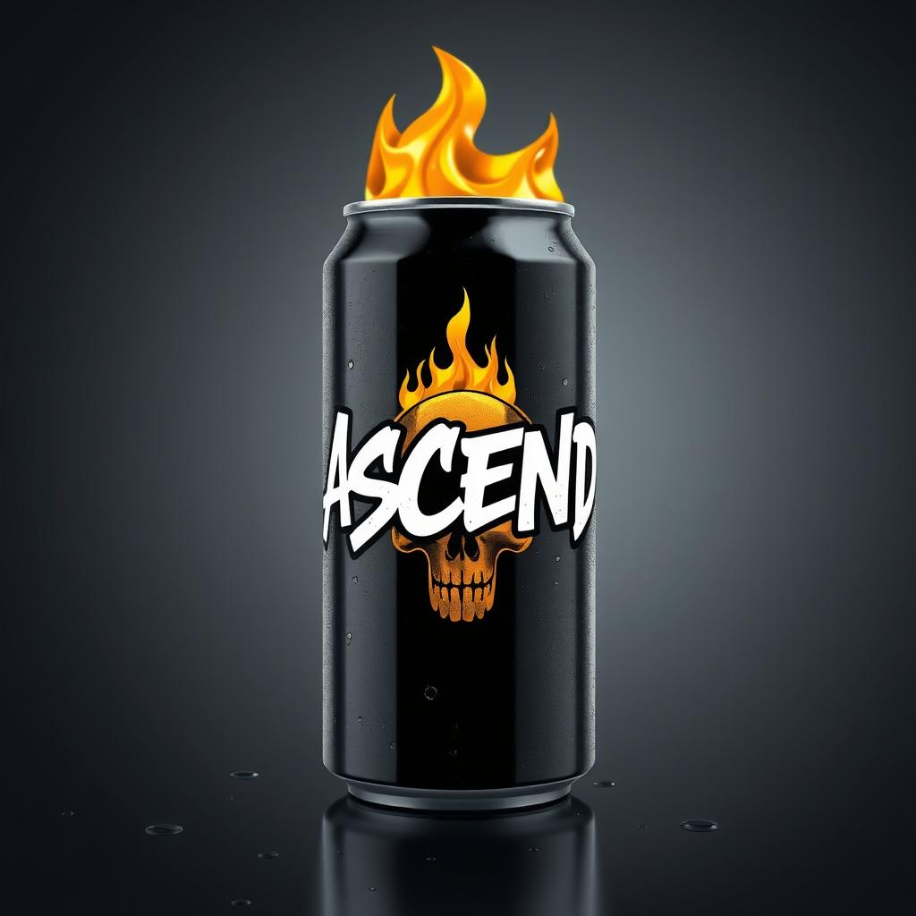 A 3D rendered illustration of a sleek and modern soda can featuring graffiti-style text with the word "ASCEND" in bold Old English font, conveying a classic yet streetwise aesthetic