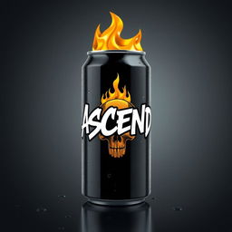 A 3D rendered illustration of a sleek and modern soda can featuring graffiti-style text with the word "ASCEND" in bold Old English font, conveying a classic yet streetwise aesthetic