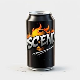 A 3D rendered illustration of a sleek and modern soda can featuring graffiti-style text with the word "ASCEND" in bold Old English font, conveying a classic yet streetwise aesthetic