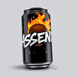 A 3D rendered illustration of a sleek and modern soda can featuring graffiti-style text with the word "ASCEND" in bold Old English font, conveying a classic yet streetwise aesthetic