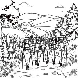 line art illustration of people walking on a hiking trail