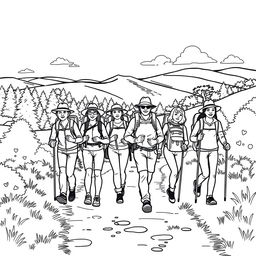 line art illustration of people walking on a hiking trail