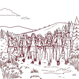 line art illustration of people walking on a hiking trail