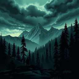 Book cover illustration of a novel set on a serene mountain landscape surrounded by many tall, majestic trees