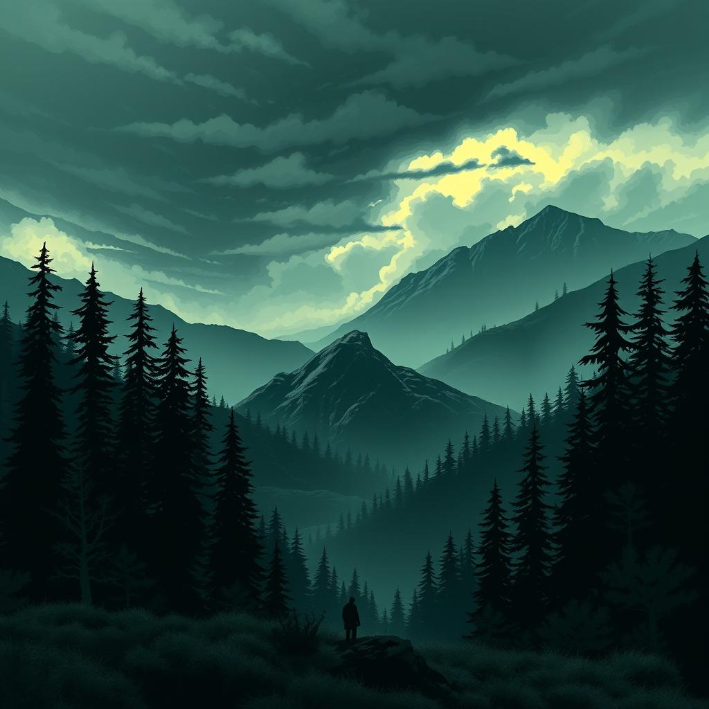 Book cover illustration of a novel set on a serene mountain landscape surrounded by many tall, majestic trees