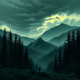 Book cover illustration of a novel set on a serene mountain landscape surrounded by many tall, majestic trees