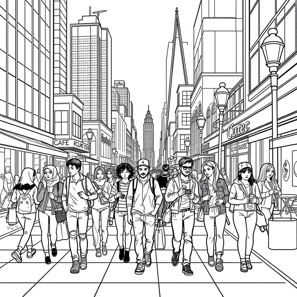 line art illustration of people walking on a city sidewalk