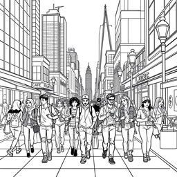 line art illustration of people walking on a city sidewalk