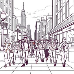 line art illustration of people walking on a city sidewalk