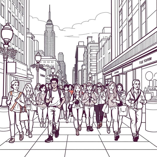 line art illustration of people walking on a city sidewalk