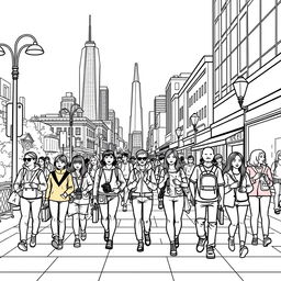 line art illustration of people walking on a city sidewalk