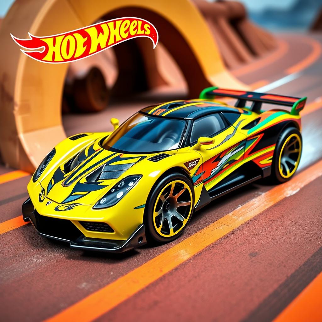 A vibrant and dynamic Hot Wheels model of the SSC Tuatara, showcasing its iconic supercar design with exaggerated features typical of a Hot Wheels toy