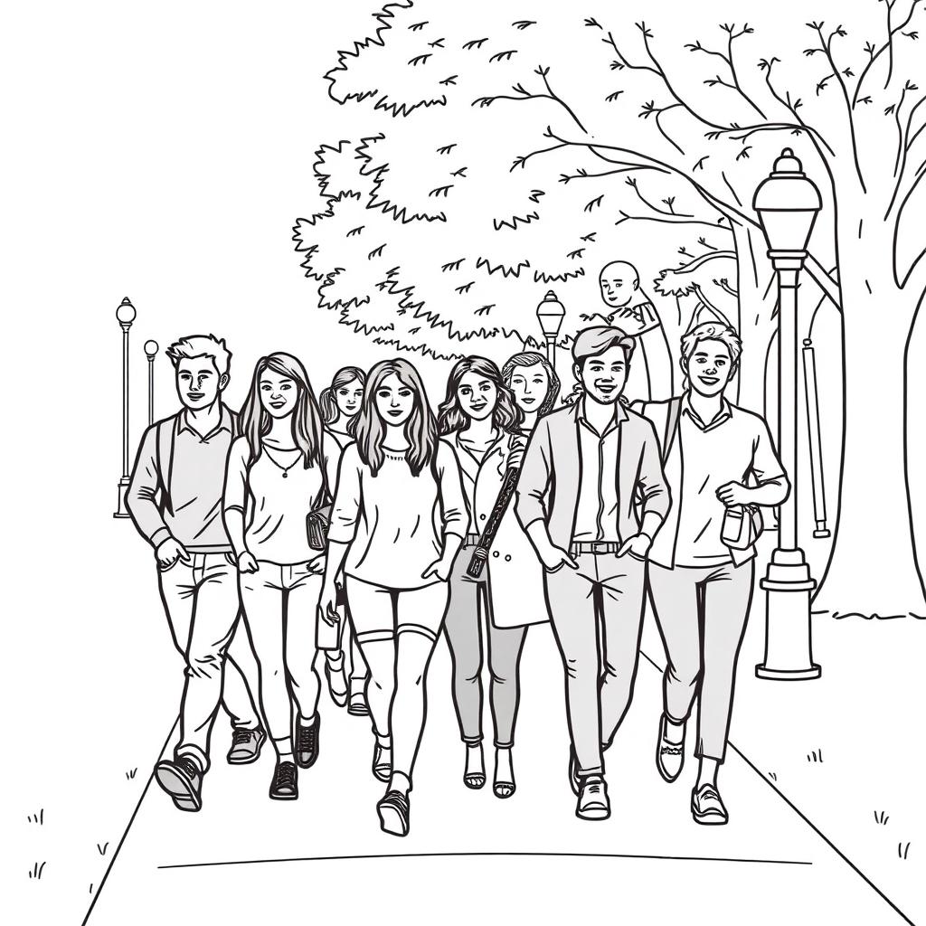 line art illustration of people walking on a path