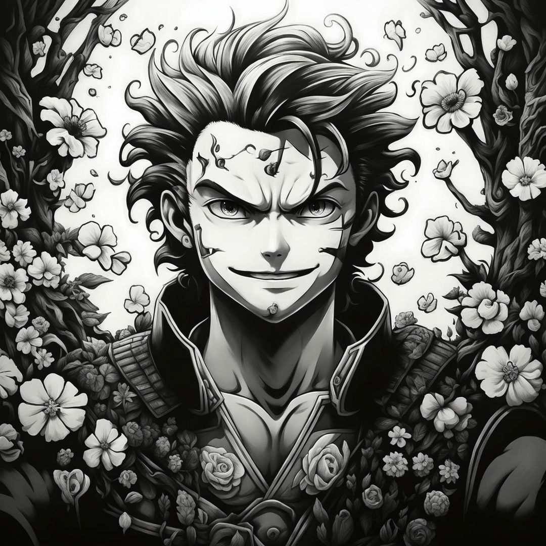 Pencil-drawn black and white image of a smiling Guts from Berserk with a kawaii style, surrounded by flowers.