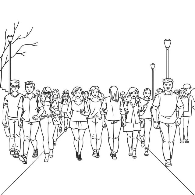 line art illustration of people walking on a path