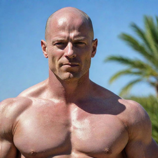 A vibrant visualization of a muscular, bald man. His white skin glistens with perspiration under a hot sun, highlighting his well-built physique and attractive appearances.