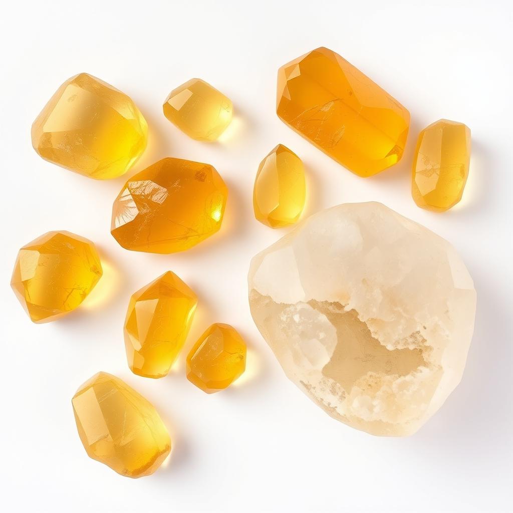 Citrine crystals in both polished and raw forms beautifully arranged on a pure white backdrop