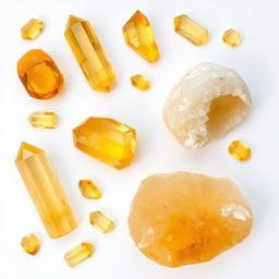 Citrine crystals in both polished and raw forms beautifully arranged on a pure white backdrop