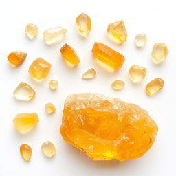 Citrine crystals in both polished and raw forms beautifully arranged on a pure white backdrop