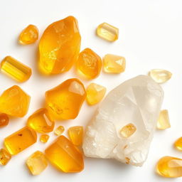 Citrine crystals in both polished and raw forms beautifully arranged on a pure white backdrop