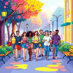 colorful illustration of people walking