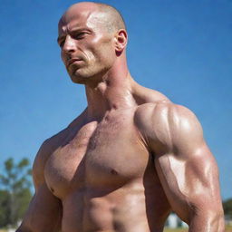 A vibrant visualization of a muscular, bald man. His white skin glistens with perspiration under a hot sun, highlighting his well-built physique and attractive appearances.