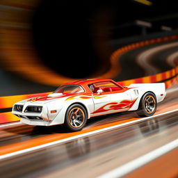 An exciting Hot Wheels model of the Firebird WS6, showcasing its iconic muscle car design with exaggerated and playful proportions typical of a Hot Wheels toy