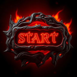 A "Start" button for a game themed around hell, featuring demonic and fiery elements, dark red and black color palette