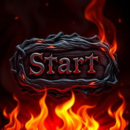 A "Start" button for a game themed around hell, featuring demonic and fiery elements, dark red and black color palette