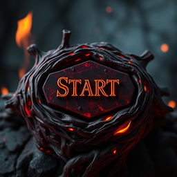 A "Start" button for a game themed around hell, featuring demonic and fiery elements, dark red and black color palette