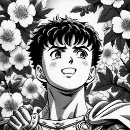 A pencil-drawn black and white profile picture of a smiling Guts from Berserk amidst a background of beautifully detailed flowers.